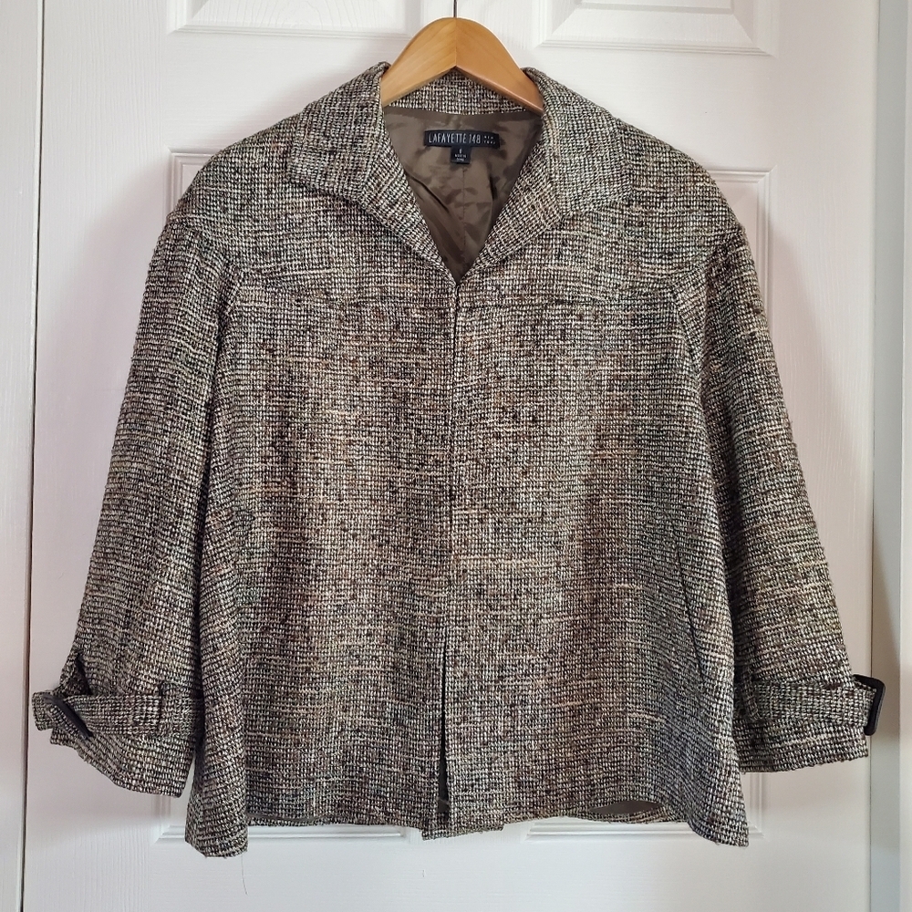Lafayette 148 New York Brown Tweed Wool Silk Blend Jacket Blazer Pockets Size 8